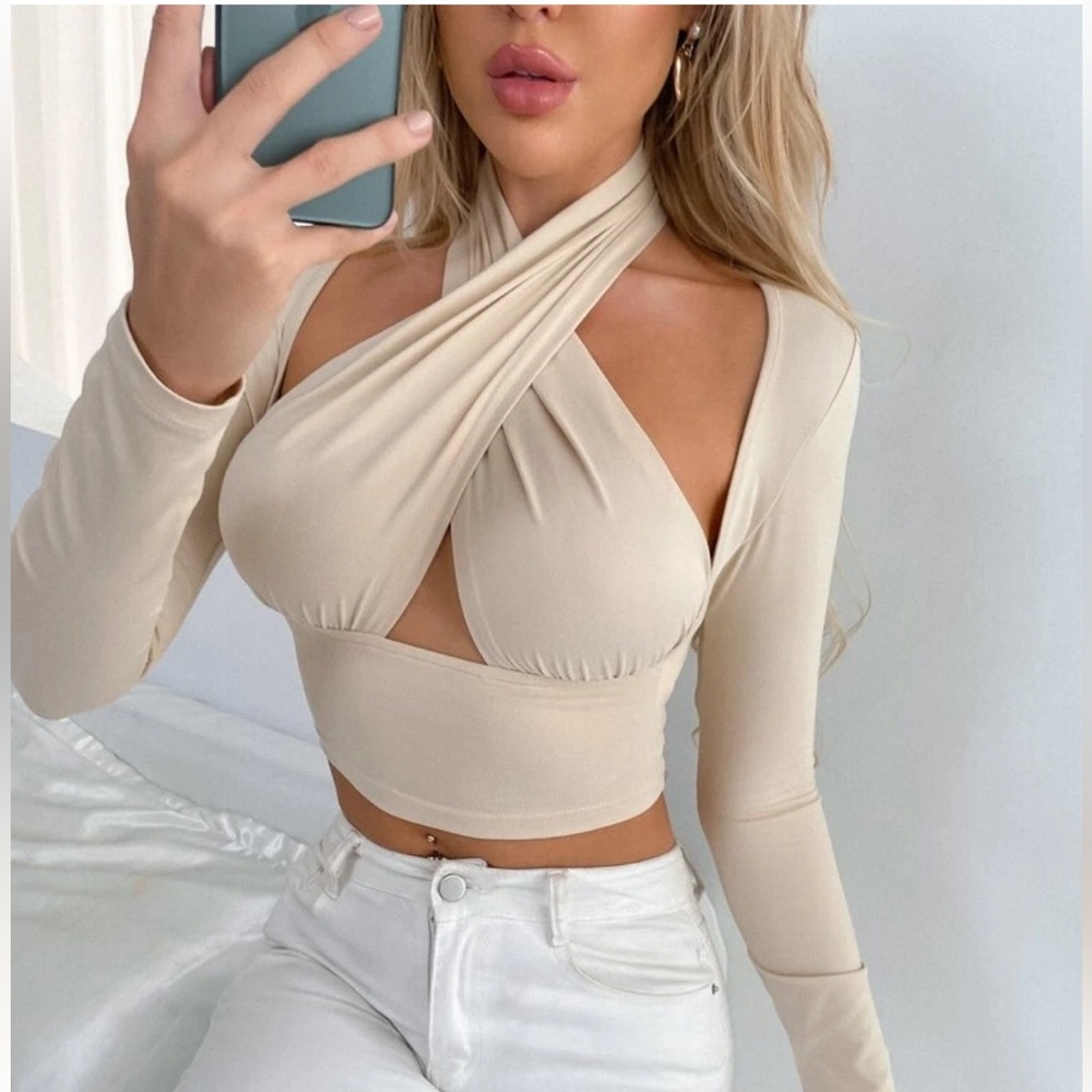 SHEIN Beige Crisscross Long Sleeve Crop Top